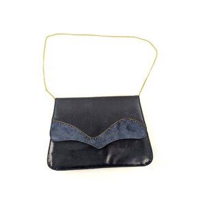 Navy Suede Leather Envelope Purse Clutch Crossbody Handbag Small Bag Gold Chain